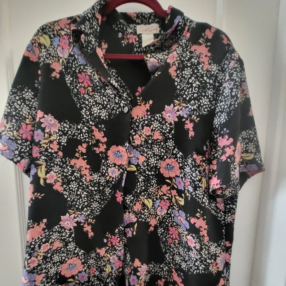 Vintage Carroll Reed Floral Button Up Blouse Blazer Black Pink XL